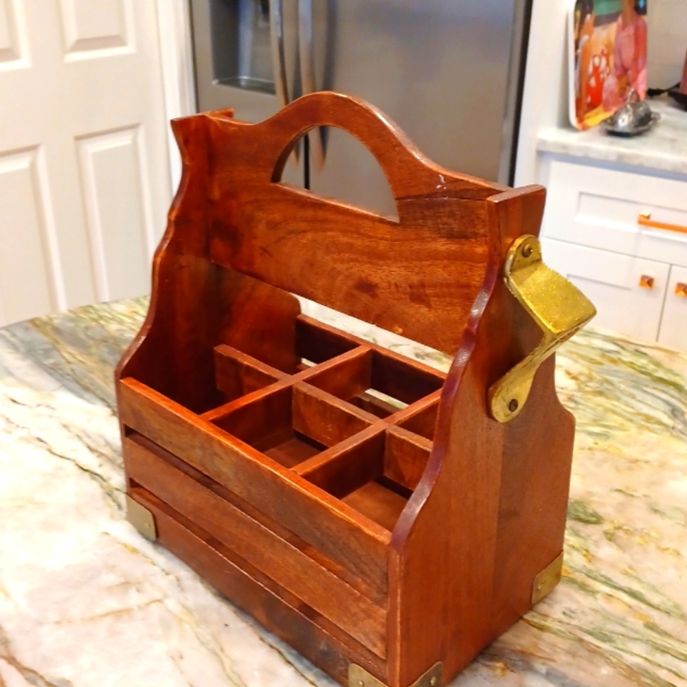 Wooden 6 bottle wine carrier, brass accents